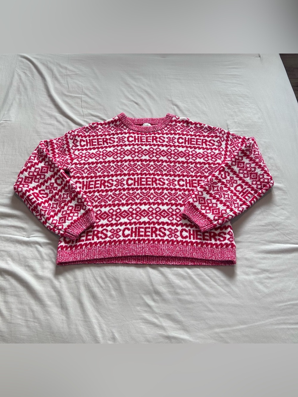 A New Day Red White Cheers Pattern Crewneck Sweater - Medium